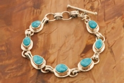 7 Genuine Blue Kingman Turquoise Stones  Sterling Silver Bracelet